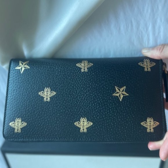 Gucci Black Leather Large Long Wallet Zip Around Gold Oro Bee Star Italy NEW - Picture 10 of 16